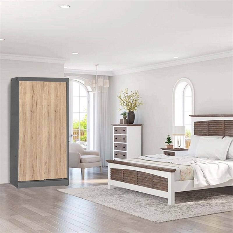 Pemberly Row Modern Wood Double Sliding Door Wardrobe Natural Oak / Gray