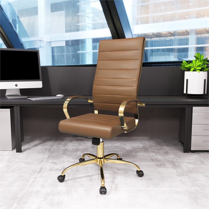 Pemberly Row High-Back Leather Office Chair With Gold Frame in Light Brown