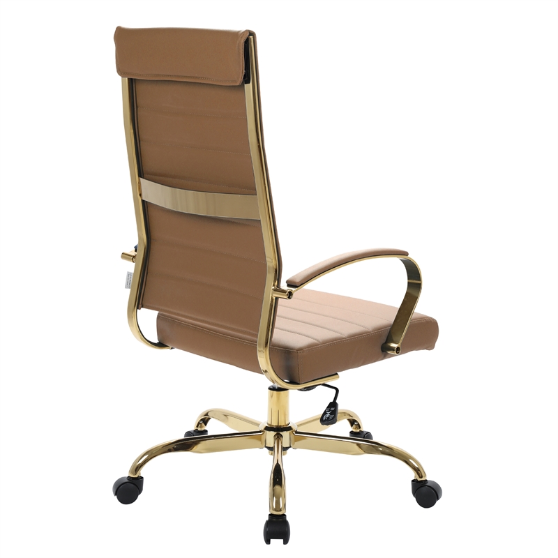 Pemberly Row High-Back Leather Office Chair With Gold Frame in Light Brown