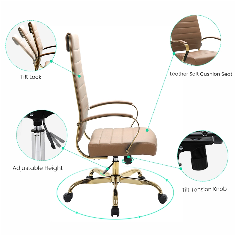 Pemberly Row High-Back Leather Office Chair With Gold Frame in Light Brown