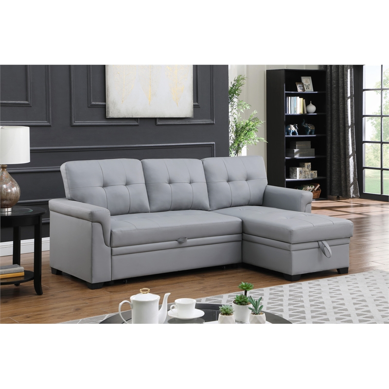 Pemberly Row Gray Vegan Faux Leather Reversible Sleeper Sofa with Storage Chaise