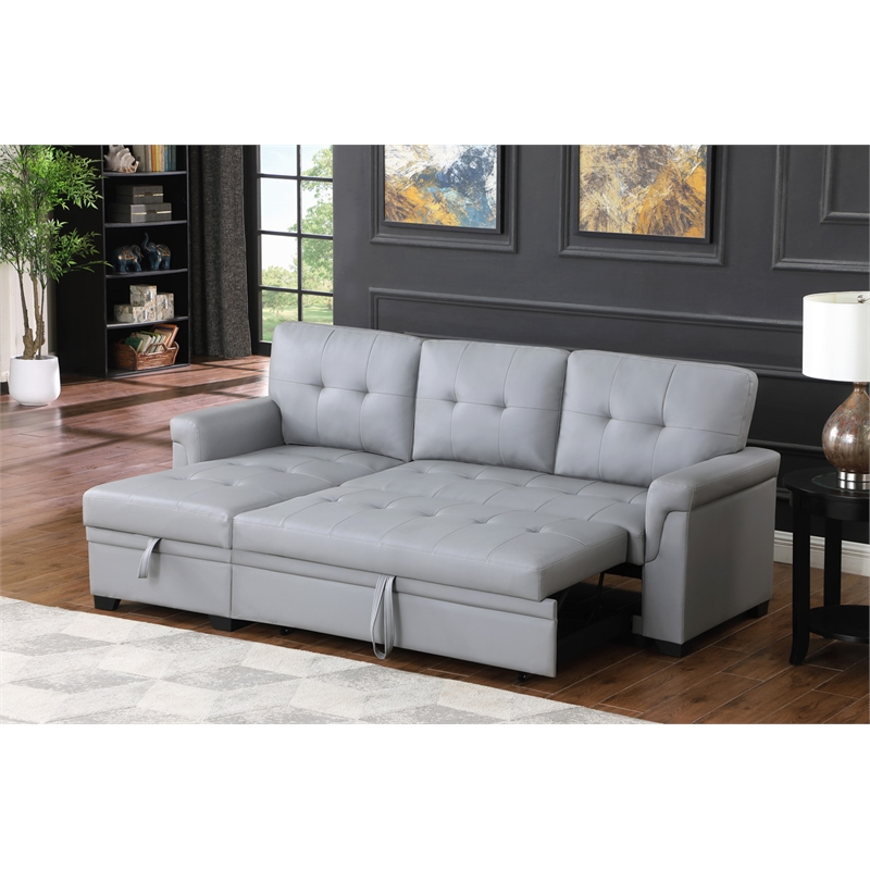 Pemberly Row Gray Vegan Faux Leather Reversible Sleeper Sofa with Storage Chaise