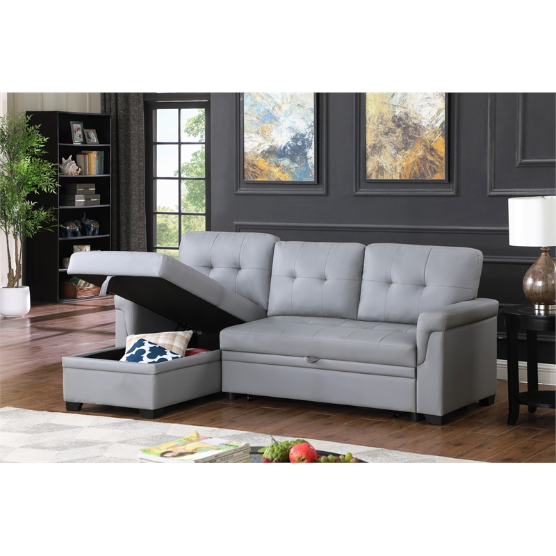 Pemberly Row Gray Vegan Faux Leather Reversible Sleeper Sofa with Storage Chaise