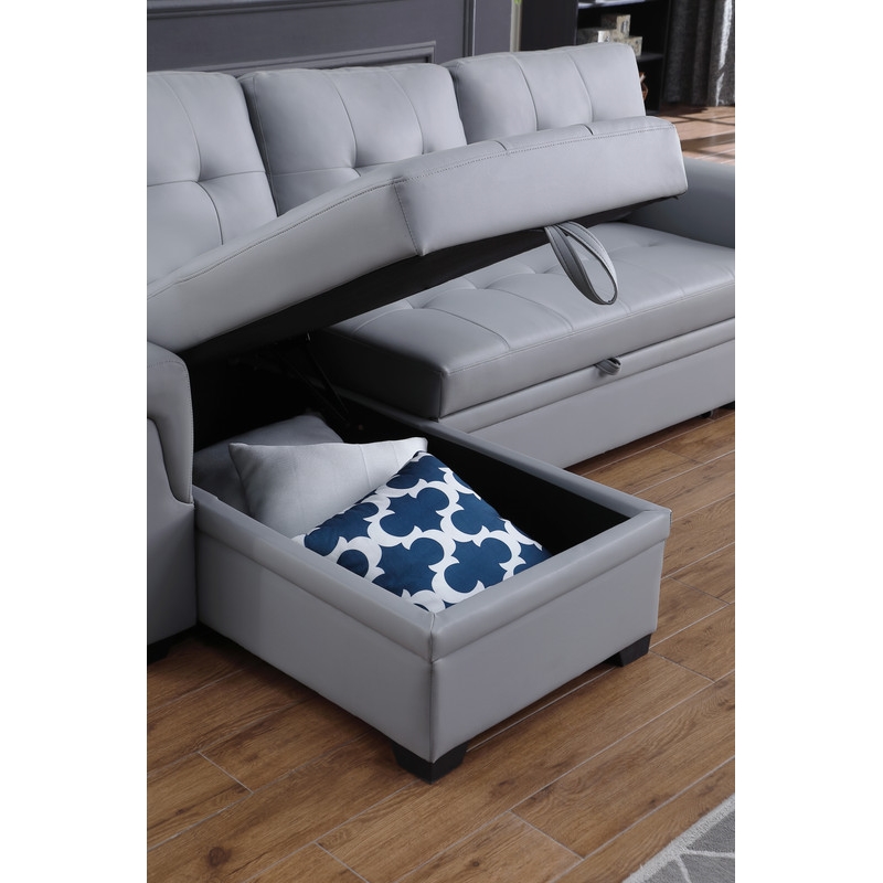 Pemberly Row Gray Vegan Faux Leather Reversible Sleeper Sofa with Storage Chaise