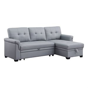 Pemberly Row Gray Vegan Faux Leather Reversible Sleeper Sofa with Storage Chaise