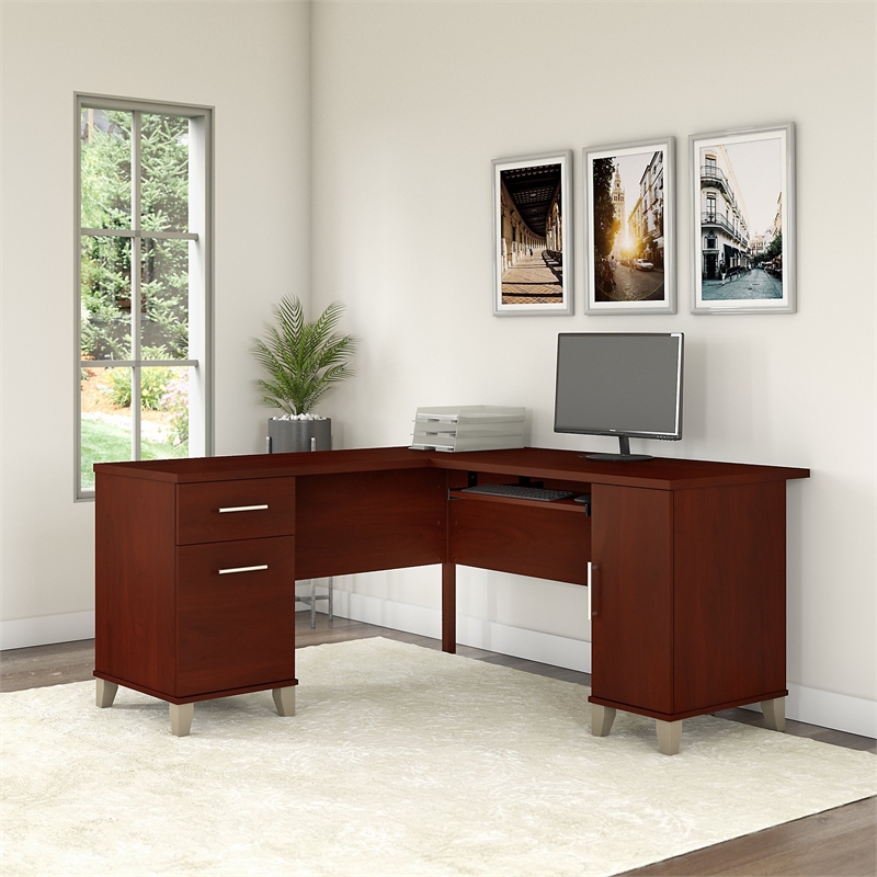 Pemberly Row Modern 60W L Desk in Hansen Cherry - Engineered Wood