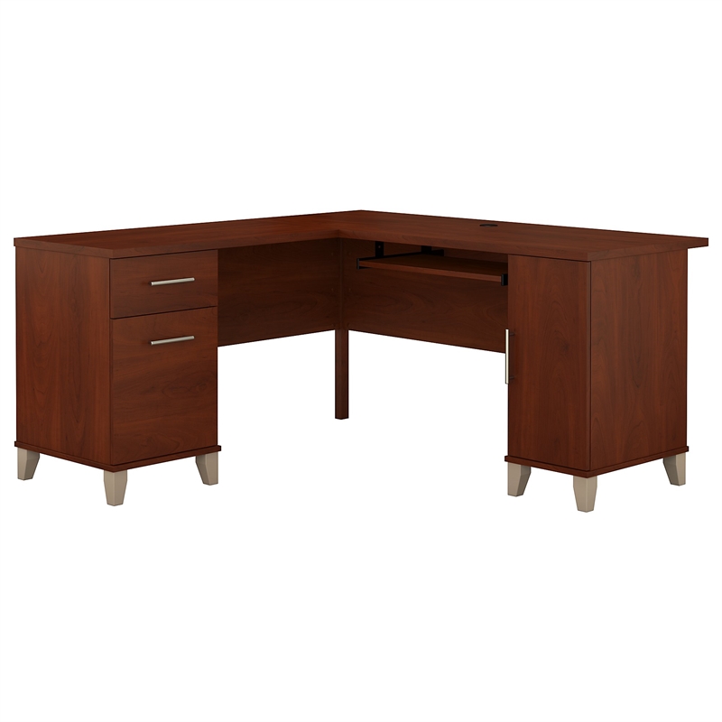 Pemberly Row Modern 60W L Desk in Hansen Cherry - Engineered Wood
