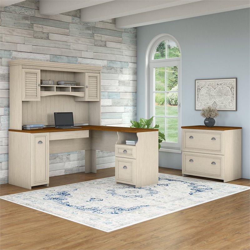 Pemberly Row Engineered Wood L Desk with Hutch and File Cabinet in Antique White