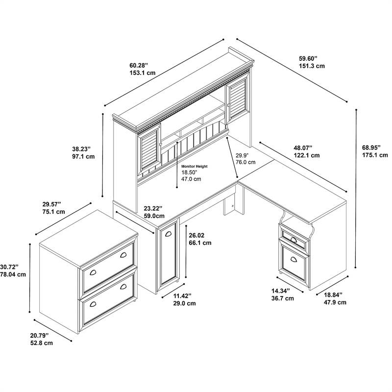 Pemberly Row Engineered Wood L Desk with Hutch and File Cabinet in Antique White