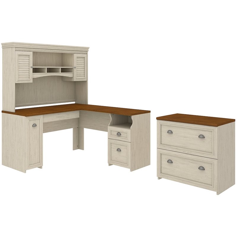Pemberly Row Engineered Wood L Desk with Hutch and File Cabinet in Antique White