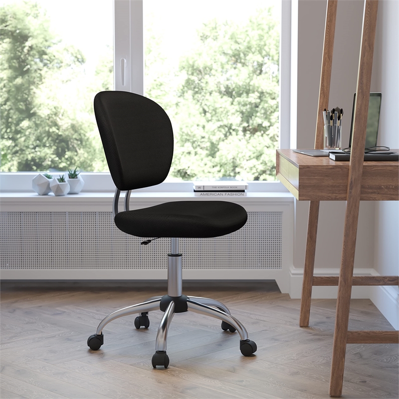 Pemberly Row Mid-Back Mesh Office Swivel Chair in Black and Chrome