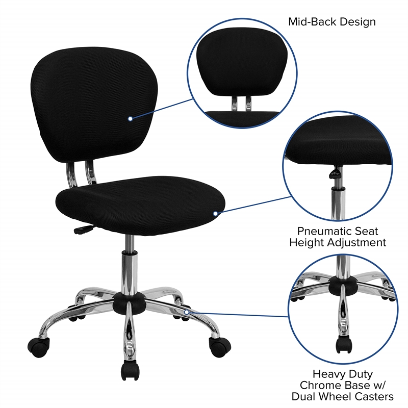 Pemberly Row Mid-Back Mesh Office Swivel Chair in Black and Chrome