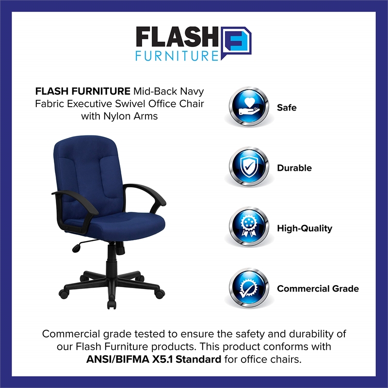 Pemberly Row Modern Mid Back Office Chair with Nylon Arms in Navy