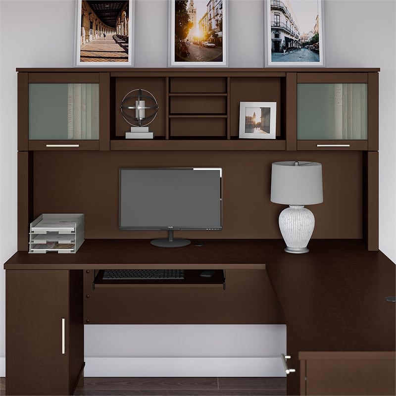 Pemberly Row Modern 72W Hutch for L Shaped Desk in Mocha Cherry