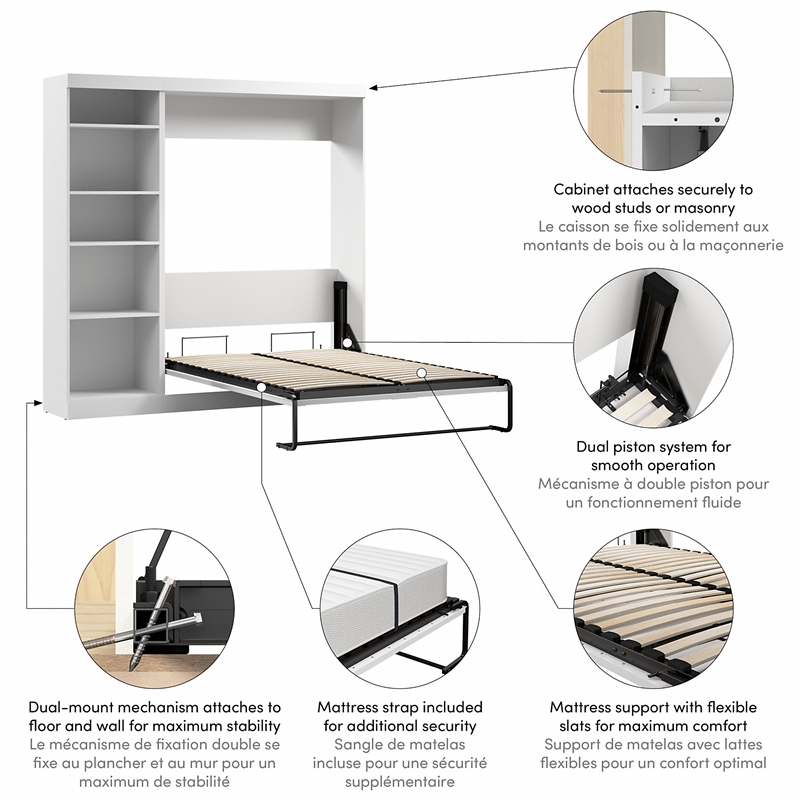 Pemberly Row Full Murphy Bed with Shelving Unit (84W) in White