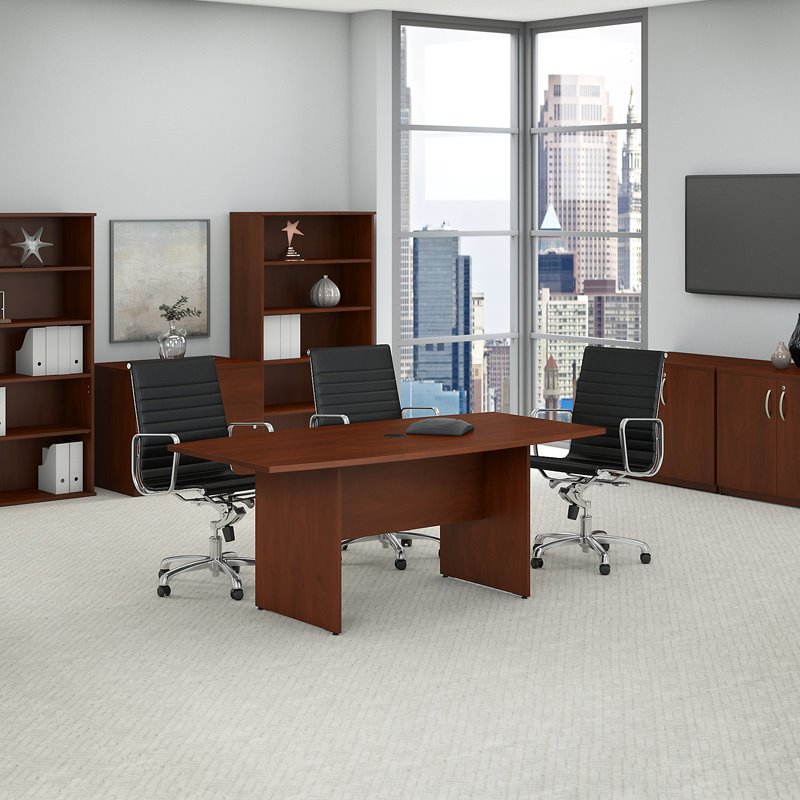 Pemberly Row 72W x 36D Boat Shaped Conference Table with Wood Base in Cherry
