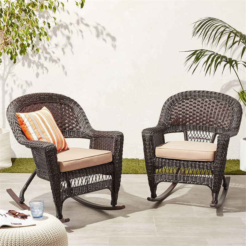 Pemberly Row Rocker Wicker / Rattan Chair - Espresso with Tan Cushion (Set of 2)