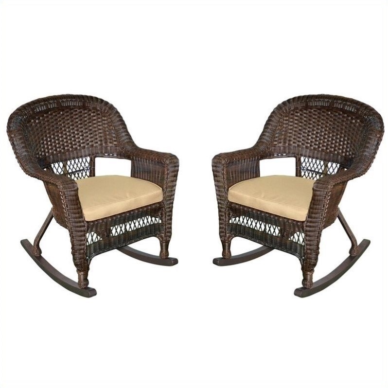 Pemberly Row Rocker Wicker / Rattan Chair - Espresso with Tan Cushion (Set of 2)
