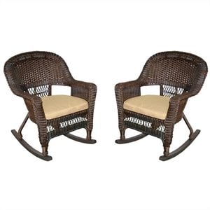 Pemberly Row Rocker Wicker / Rattan Chair - Espresso with Tan Cushion (Set of 2)