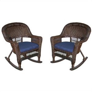 Pemberly Row Rocker Wicker Chair in Espresso with Blue Cushion (Set of 2) Brown