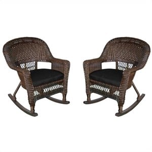 Pemberly Row Rocker Wicker Chair in Espresso with Black Cushion (Set of 2)