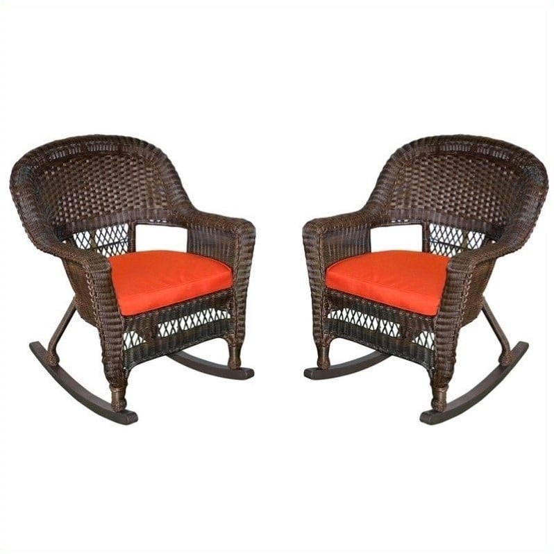 Pemberly Row Rocker Wicker Chair in Espresso with Red Cushion (Set of 2)