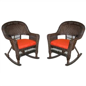 Pemberly Row Rocker Wicker Chair in Espresso with Red Cushion (Set of 2)