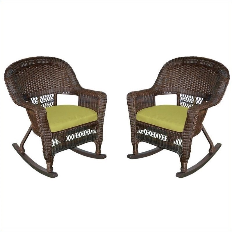 Pemberly Row Rocker Wicker Chair in Espresso with Green Cushion (Set of 2)