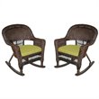 Pemberly Row Rocker Wicker Chair in Espresso with Green Cushion (Set of 2)