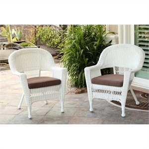 Pemberly Row Wicker Chair in White with Brown Cushion (Set of 2)