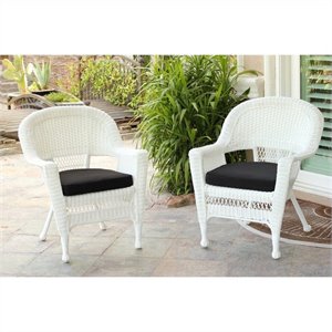 Pemberly Row Wicker Chair in White with Black Cushion (Set of 2)