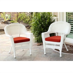 Pemberly Row Wicker Chair in White with Red Cushion (Set of 2)