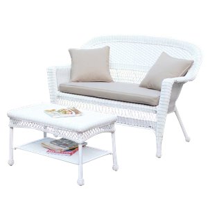 Pemberly Row Patio Love Seat and Coffee Table Set in White with Tan Cushion