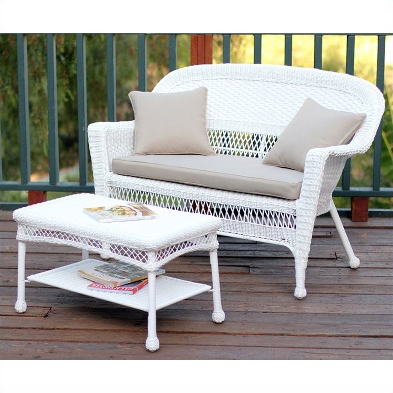 Pemberly Row Patio Love Seat and Coffee Table Set in White with Tan Cushion