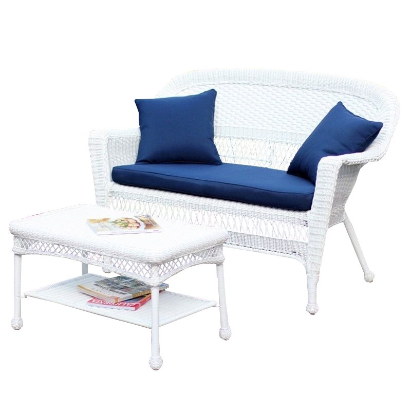 Pemberly Row Patio Love Seat and Coffee Table Set in White with Blue Cushion