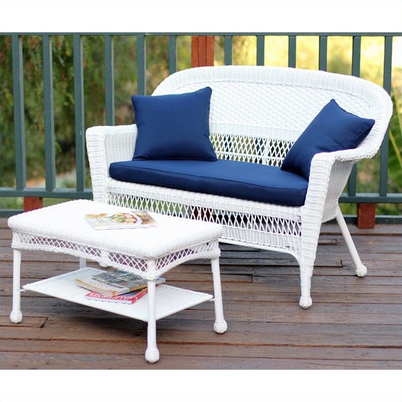 Pemberly Row Patio Love Seat and Coffee Table Set in White with Blue Cushion