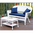 Pemberly Row Patio Love Seat and Coffee Table Set in White with Blue Cushion