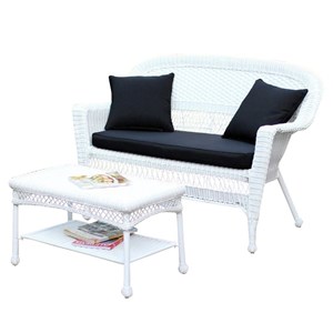 Pemberly Row Patio Love Seat and Coffee Table Set in White with Black Cushion