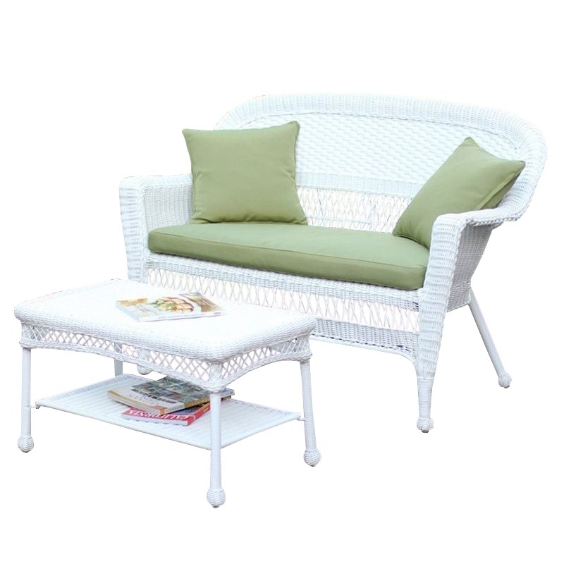 Pemberly Row Patio Love Seat and Coffee Table Set in White with Green Cushion