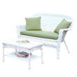 Pemberly Row Patio Love Seat and Coffee Table Set in White with Green Cushion