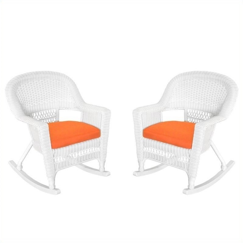Pemberly Row Rocker Wicker Chair in White with Orange Cushion (Set of 2)