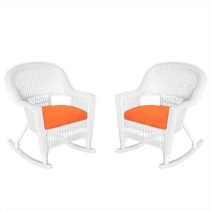 Pemberly Row Rocker Wicker Chair in White with Orange Cushion (Set of 2)