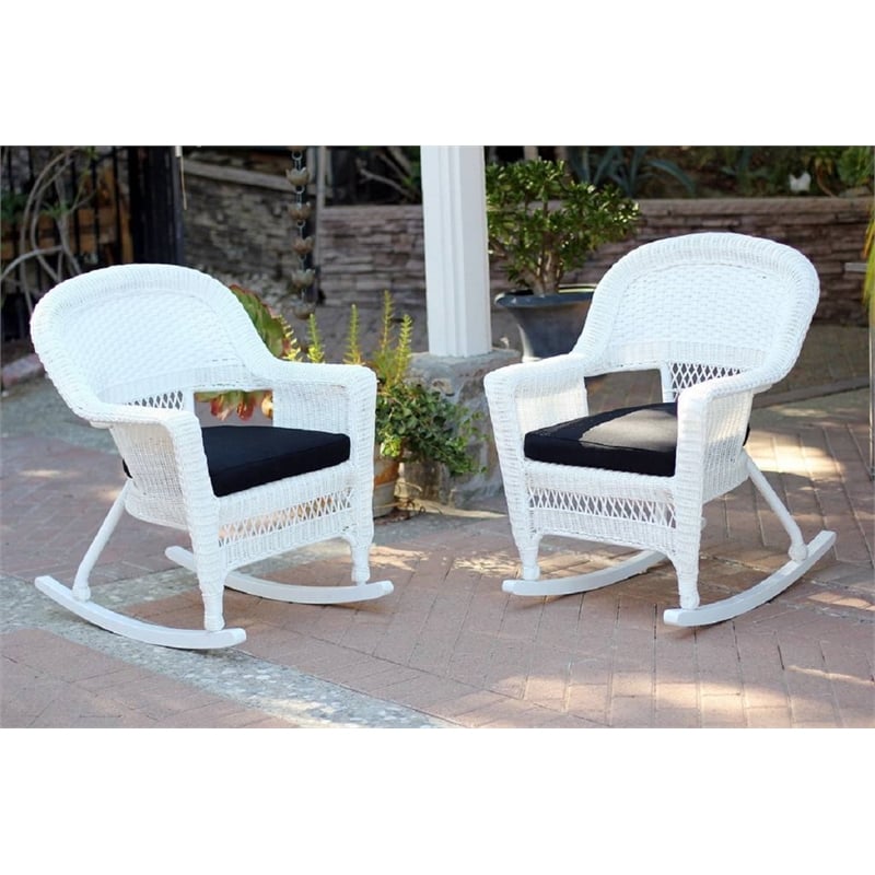 Pemberly Row Outdoor Patio Rocker Chair in White with Black Cushion (Set of 2)