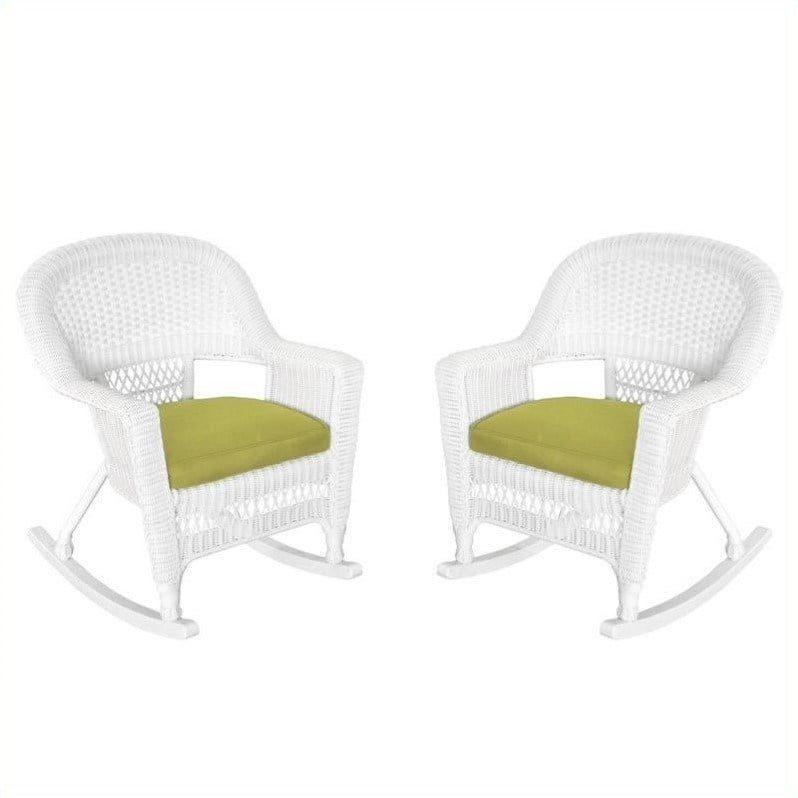 Pemberly Row Rocker Wicker Chair in White with Green Cushion (Set of 2)