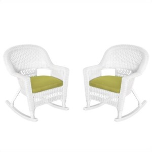 Pemberly Row Rocker Wicker Chair in White with Green Cushion (Set of 2)