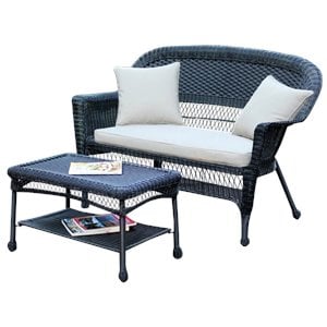Pemberly Row Wicker Patio Love Seat and Coffee Table Set - Black without Cushion
