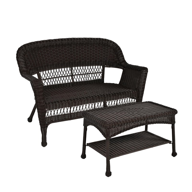 Pemberly Row Wicker Patio Love Seat and Coffee Table Set - Black without Cushion