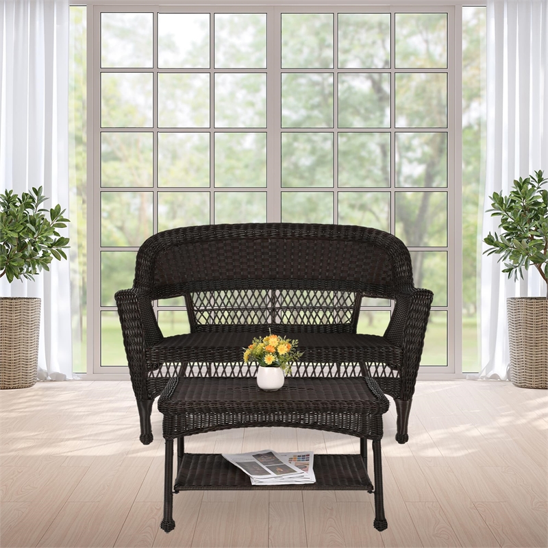 Pemberly Row Wicker Patio Love Seat and Coffee Table Set - Black without Cushion