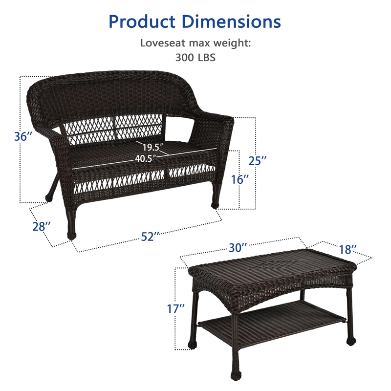 Pemberly Row Wicker Patio Love Seat and Coffee Table Set - Black without Cushion