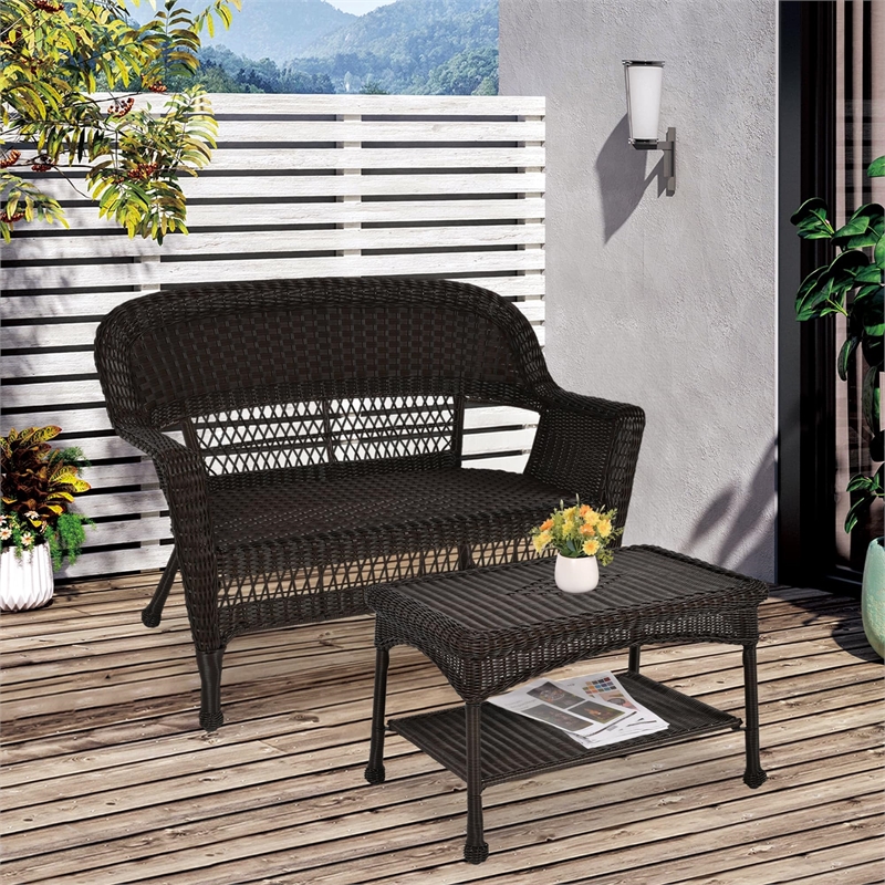 Pemberly Row Wicker Patio Love Seat and Coffee Table Set - Black without Cushion